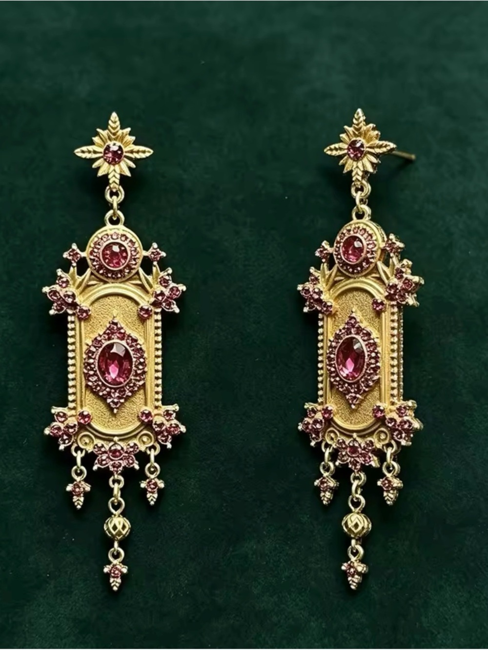 NEW! Vintage Style Gold-Plated Pink Gem Drop Earrings. Luxury Earrings (A3-92) - Picture 2 of 4